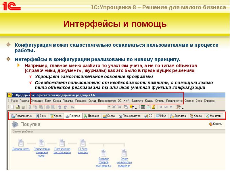 Интерфейсы и помощь
Конфигурация может самостоятельно осваиваться пользователями в процессе работы.
Интерфейсы и помощь
Конфигурация может самостоятельно осваиваться пользователями в процессе работы.