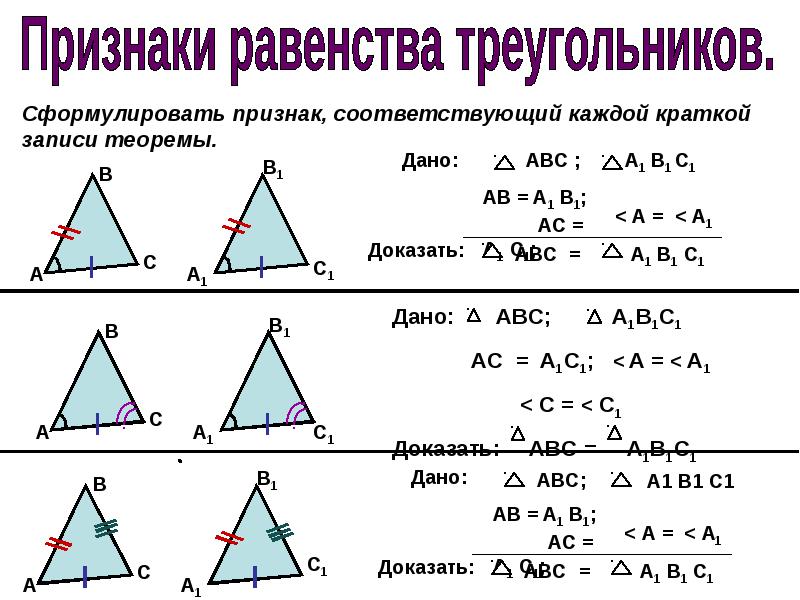 Признаки равенства треугольников формулировка чертеж