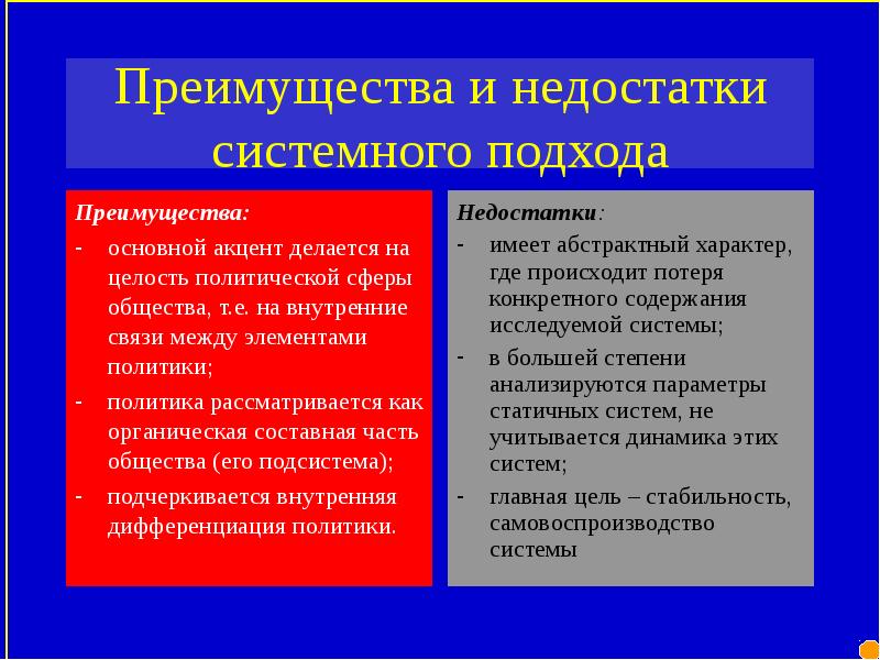 Политика преимущество. Недостатки системного подхода. Минусы системного подхода в управлении. Достоинства системного подхода. Системный подход плюсы и минусы.