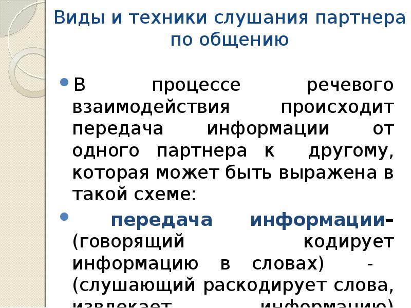 Виды и техники слушания партнера по общению
В процессе речевого взаимодействия Виды и техники слушания партнера по общению
В процессе речевого взаимодействия