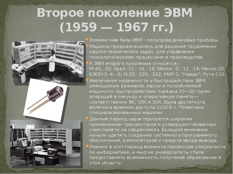 История развития отечественного эвм проект. Второе поколение ЭВМ (1959–1967). Второе поколение ЭВМ (1959 — 1967 гг.). История развития ЭВМ. История эволюции ЭВМ.