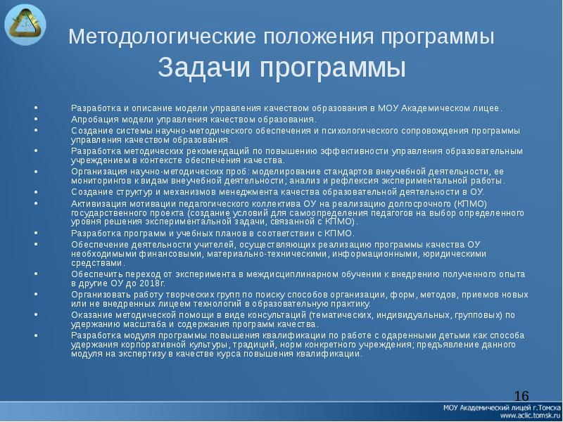 Основные положения программ. Методологические положения. Модель управления качеством образования лицея. Приложение к положению. Положения менеджмента.