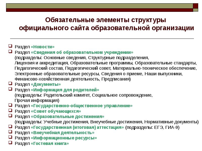 Обязательные сообщения. Сведения об образовательном учреждении. Основные сведения об образовательной организации. Обязательные элементы сайта образовательного учреждения. Подраздел сайта сведения об образовательной организации.