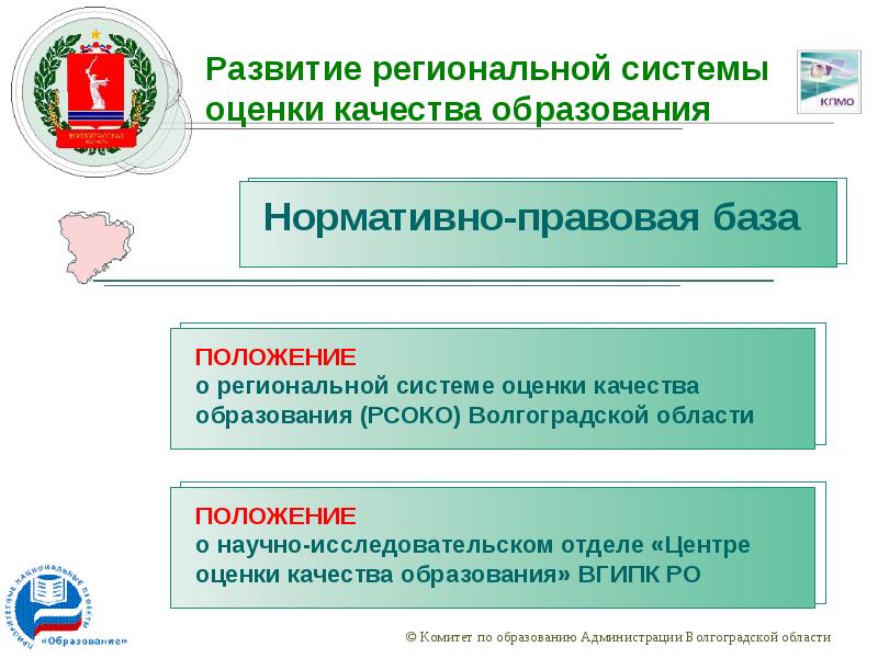 Центр оценки качества образования. Развитие региональных систем оценки качества образования.. Формирование региональных подсистем. РСОКО Волгоградской области. Положения в сфере региональной оценки образования.