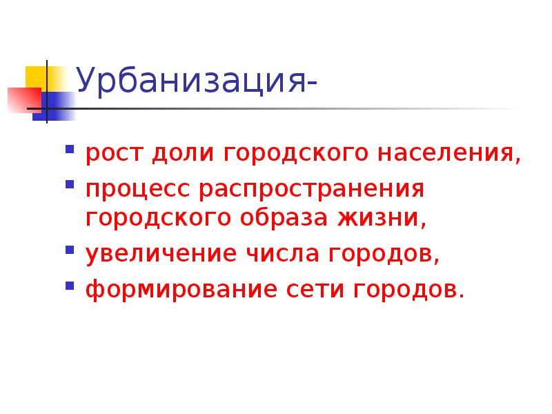 "... - Рост доли городского населения и городского образа жизни".. Урбанизация рост доли. Урбанизация Свердловской области. Презентация распространение городов о.