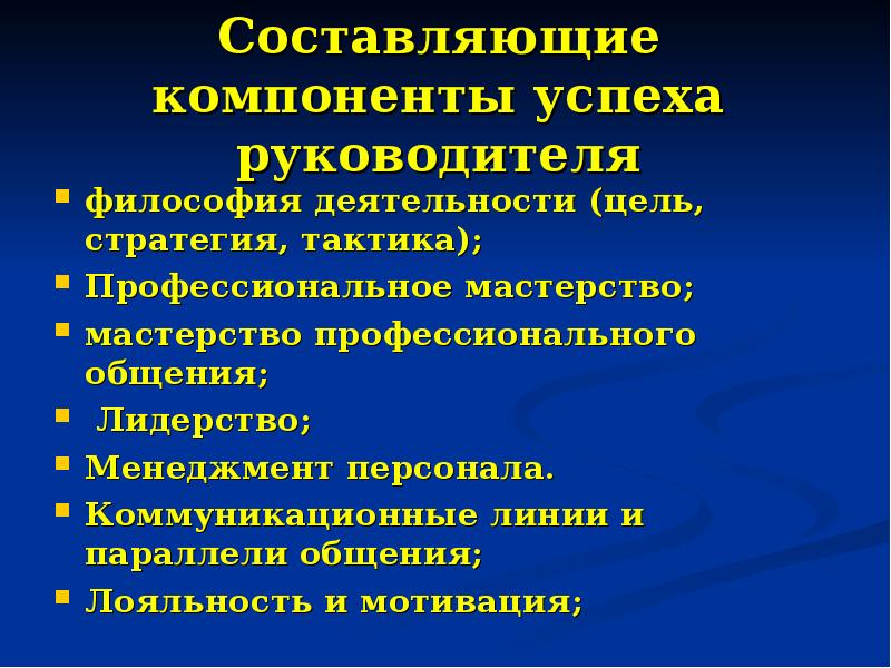 Составляющий компонент. Тактика руководителя. Компоненты успеха. Мотивы деятельности успешного руководителя. Профессиональная тактика.