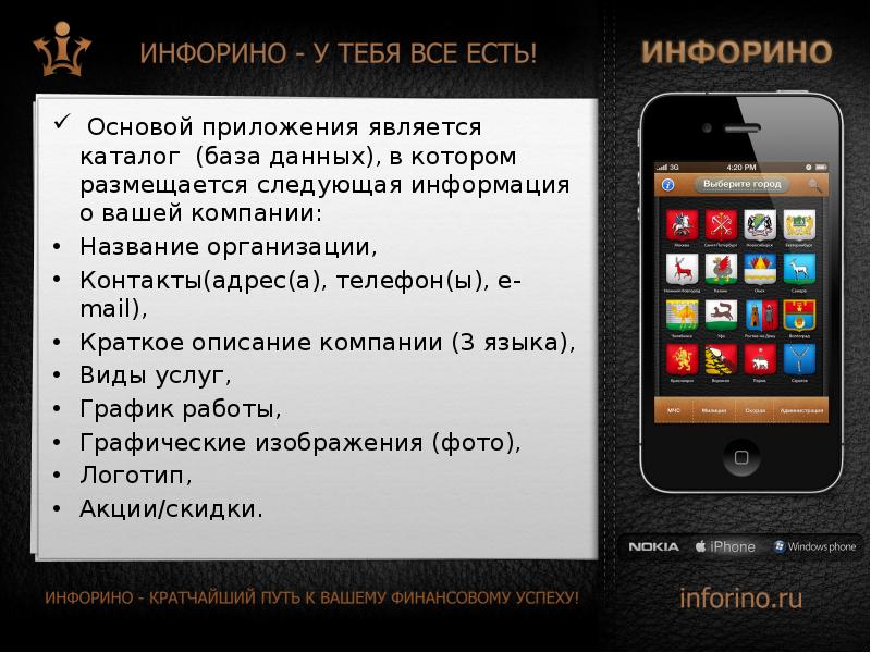 Приложениями являются. Основа приложения. Название компании и её краткое описание для поисковиков..