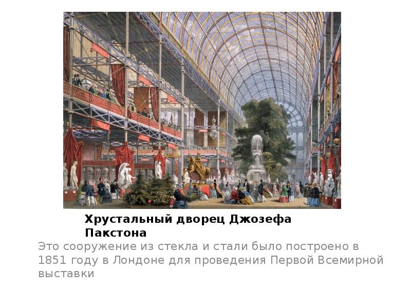 Хрустальный дворец Джозефа Пакстона
Это сооружение из стекла и стали было Хрустальный дворец Джозефа Пакстона
Это сооружение из стекла и стали было