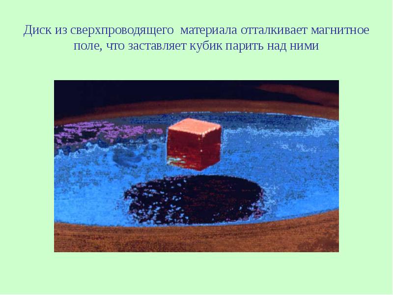 Диск из сверхпроводящего материала отталкивает магнитное поле, что заставляет кубик парить Диск из сверхпроводящего материала отталкивает магнитное поле, что заставляет кубик парить