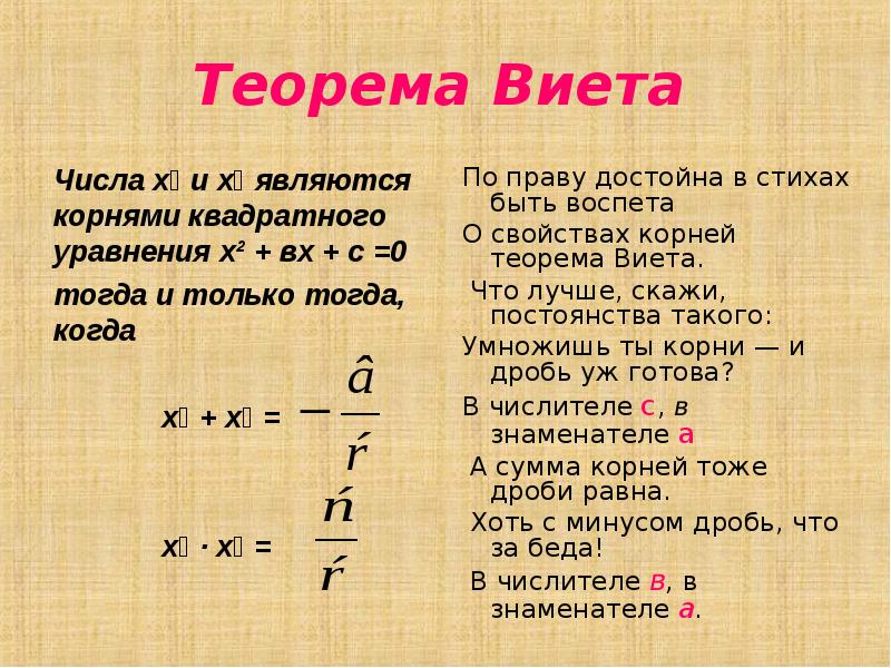 Теорема виета это. Теорема Виета Алгебра 8 класс. Теорема Виета 8 класс объяснение. Теорема Вите. Теорема Виета формула.