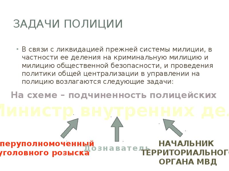 Задачи полиции
В связи с ликвидацией прежней системы милиции, в частности Задачи полиции
В связи с ликвидацией прежней системы милиции, в частности