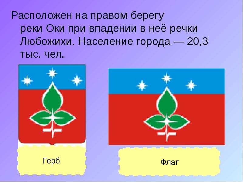 Расположен на правом берегу реки Оки при впадении в неё речки Любожихи. Население Расположен на правом берегу реки Оки при впадении в неё речки Любожихи. Население