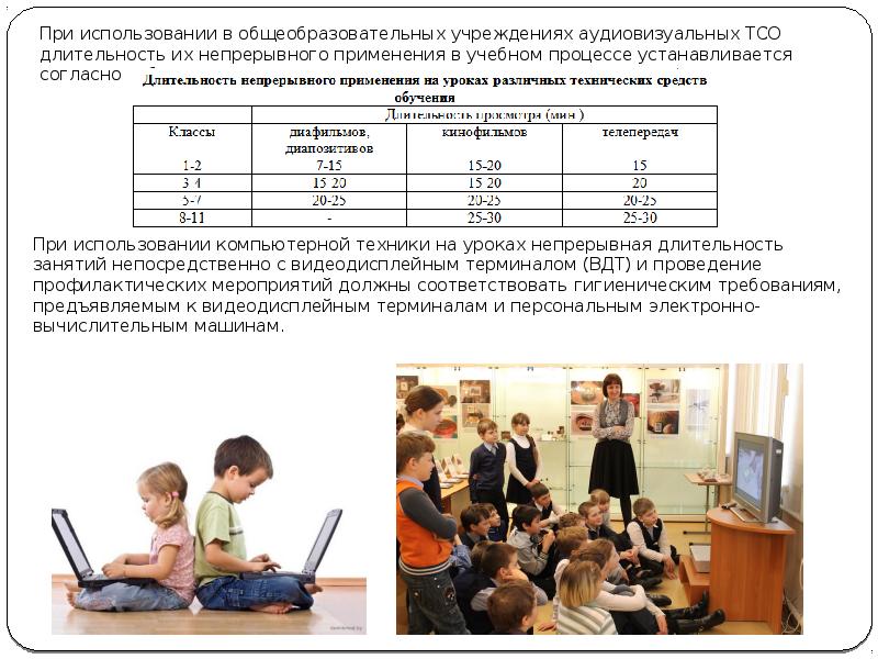 Продолжительность просмотра статических изображений на учебных досках и экранах не должна превышать