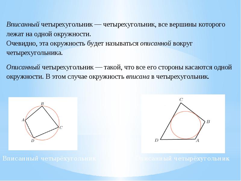 Вписанные и описанные четырехугольники 8 класс мерзляк презентация