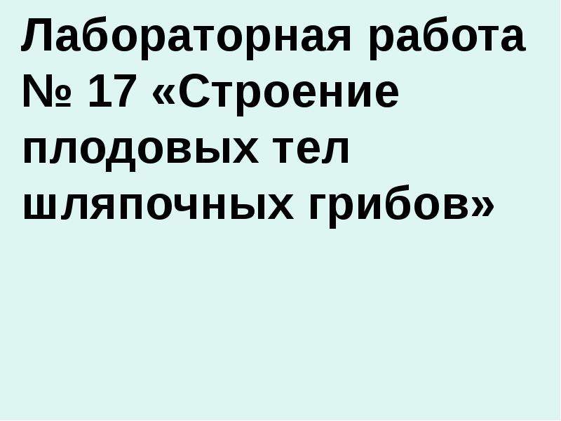 Лабораторная работа № 17 «Строение плодовых тел шляпочных грибов» Лабораторная работа № 17 «Строение плодовых тел шляпочных грибов»
