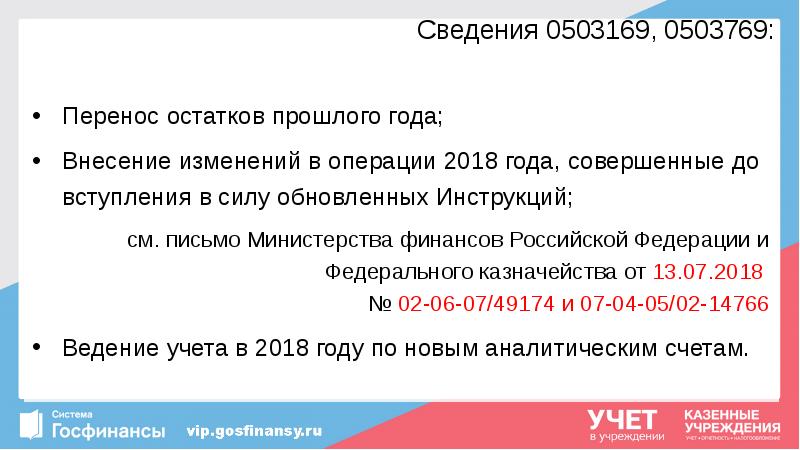 Сведения 0503169, 0503769:
Перенос остатков прошлого года;
Внесение изменений в операции Сведения 0503169, 0503769:
Перенос остатков прошлого года;
Внесение изменений в операции