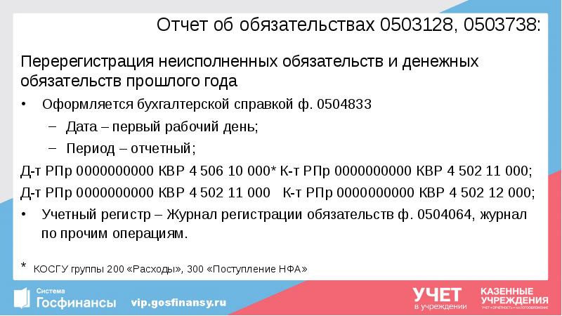 Отчет об обязательствах 0503128, 0503738:
Перерегистрация неисполненных обязательств и денежных обязательств Отчет об обязательствах 0503128, 0503738:
Перерегистрация неисполненных обязательств и денежных обязательств