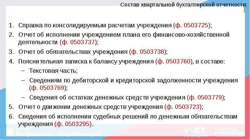 Состав квартальной бухгалтерской отчетности:
Справка по консолидируемым расчетам учреждения (ф. 0503725); Состав квартальной бухгалтерской отчетности:
Справка по консолидируемым расчетам учреждения (ф. 0503725);