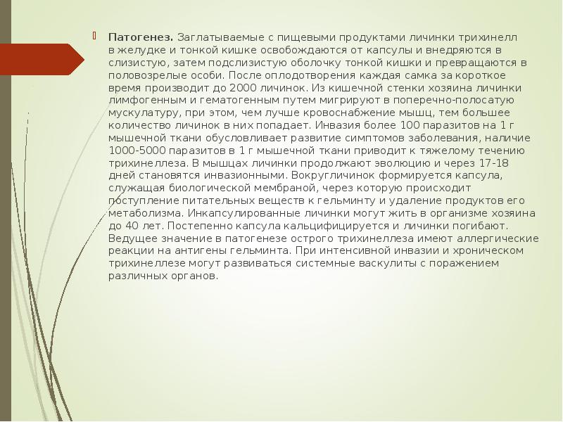 Патогенез. Заглатываемые с пищевыми продуктами личинки трихинелл&nbsp; в желудке и тонкой