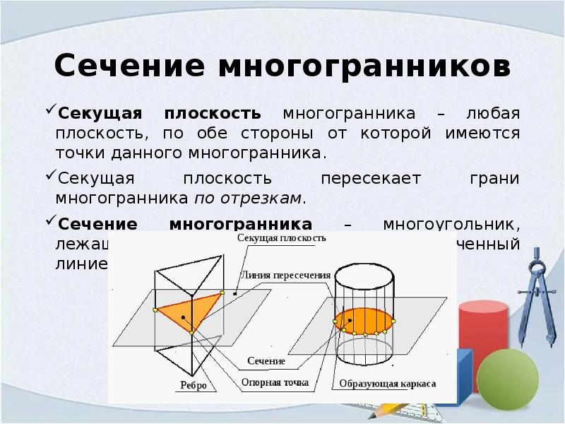 Пересечение граней. Секущая плоскость многогранника. Секущая плоскость и сечение многогранника. Секущая и сечение в многограннике. Плоскость и сечения многогранника плоскостью.