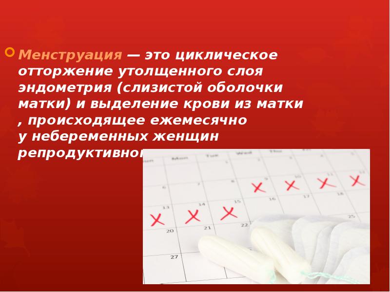 Менструация&nbsp;— это циклическое отторжение утолщенного слоя эндометрия (слизистой оболочки матки) и&nbsp;выделение