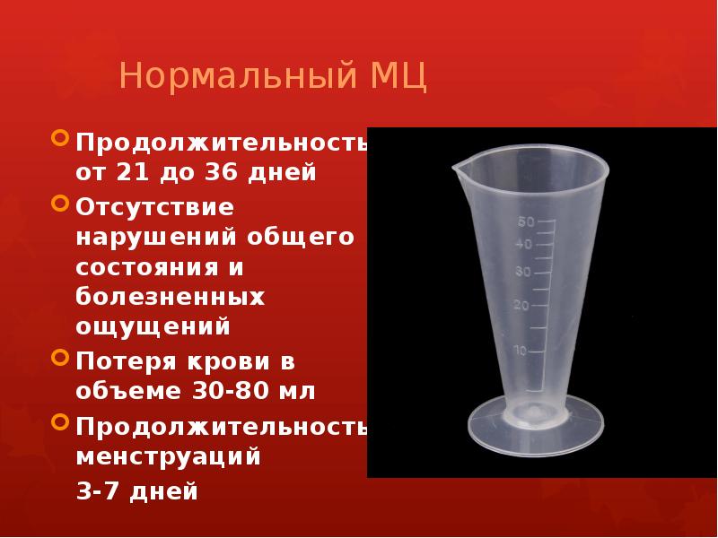 Нормальный МЦ Продолжительность от 21 до 36 дней Отсутствие нарушений общего