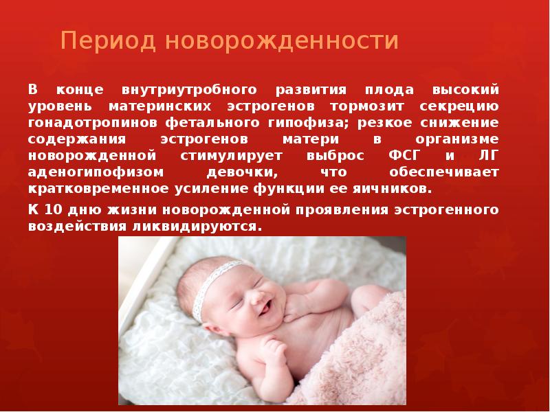 Период новорожденности В конце внутриутробного развития плода высокий уровень материнских эстрогенов