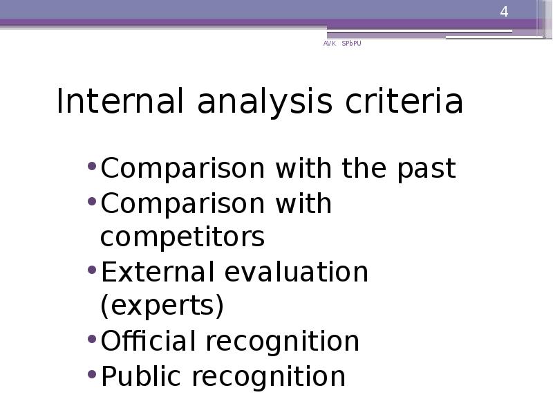 Internal analysis criteria
Comparison with the past
Comparison with competitors
External Internal analysis criteria
Comparison with the past
Comparison with competitors
External