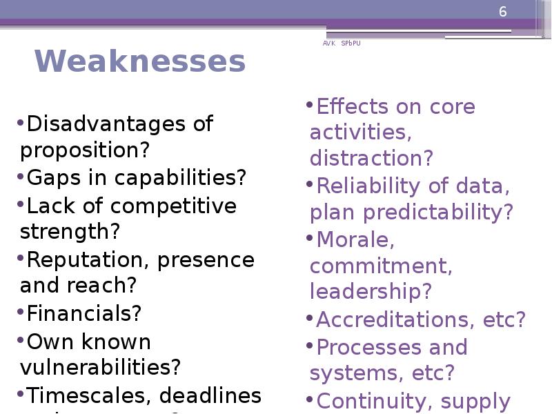 Weaknesses
Disadvantages of proposition?
Gaps in capabilities?
Lack of competitive strength?
Weaknesses
Disadvantages of proposition?
Gaps in capabilities?
Lack of competitive strength?