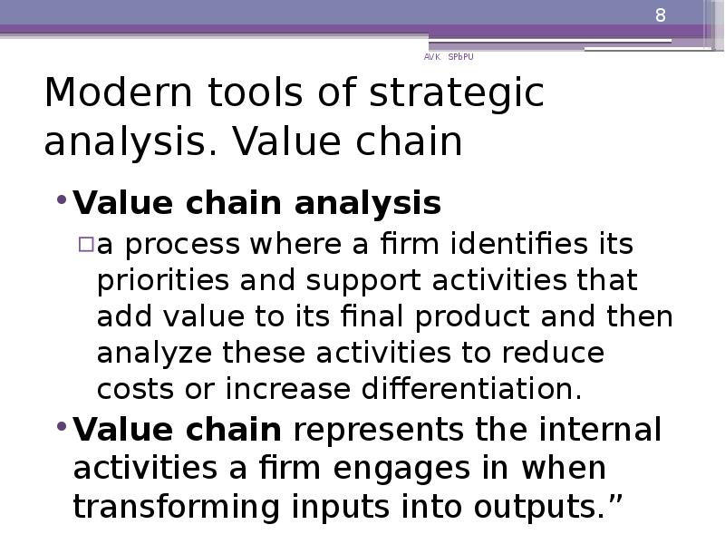 Modern tools of strategic analysis. Value chain
Value chain analysis Modern tools of strategic analysis. Value chain
Value chain analysis