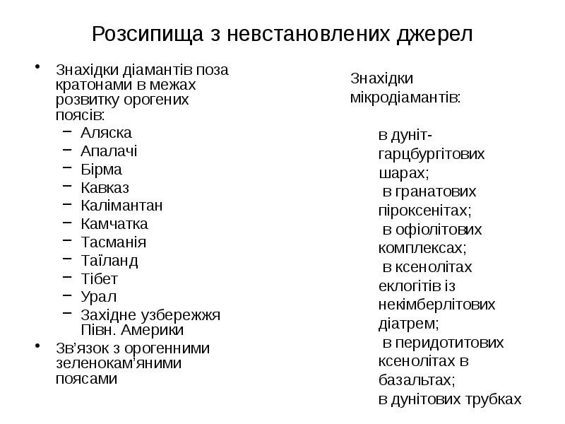 Розсипища з невстановлених джерел Знахідки діамантів поза кратонами в межах розвитку