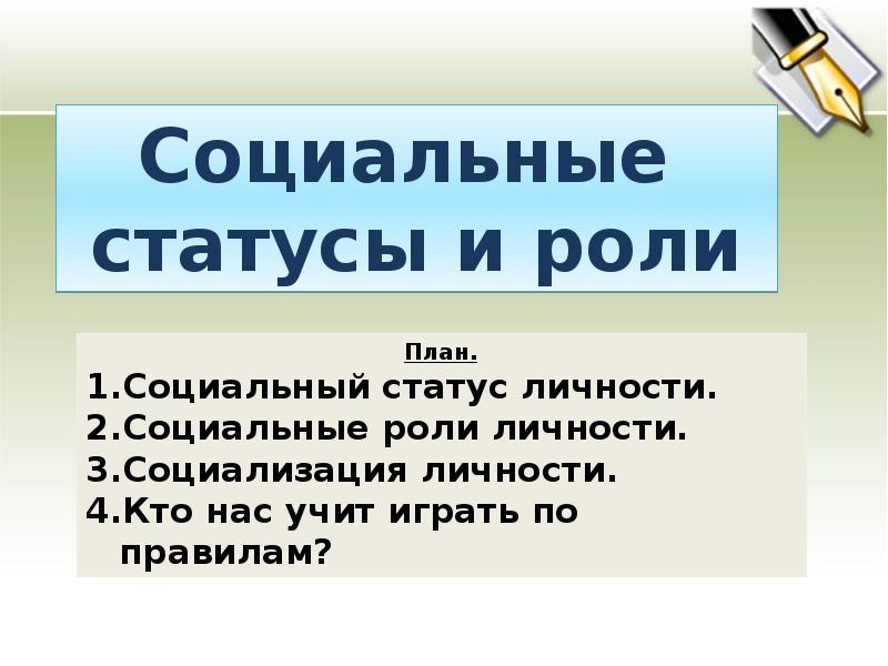 Соц статус и соц роль план