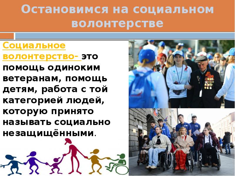 Остановимся на социальном волонтерстве Социальное волонтерство- это помощь одиноким ветеранам, помощь