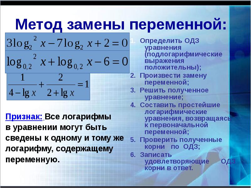 Логарифмические уравнения 10 класс презентация