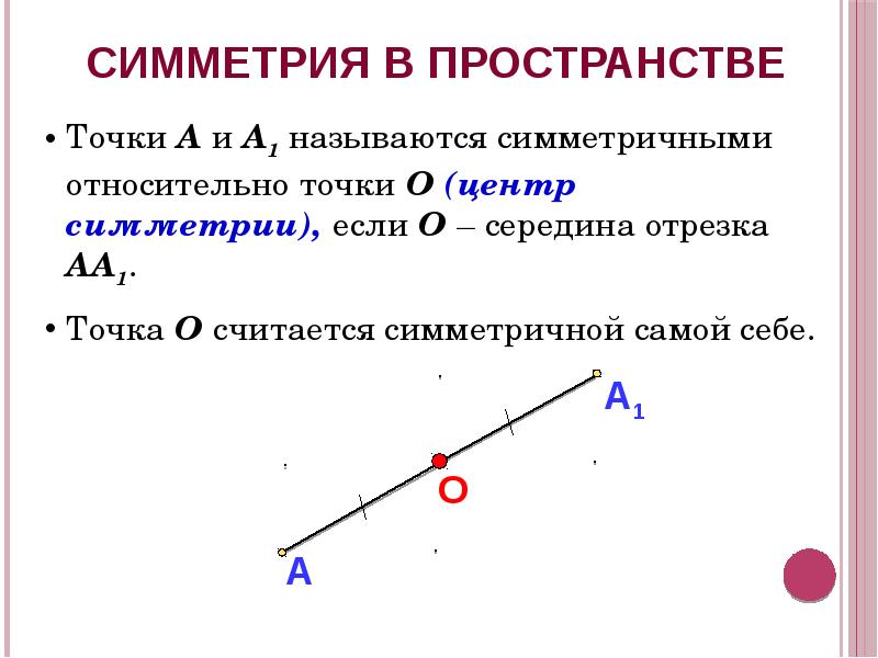 Симметрия в пространстве. Симметрия относительно точки в пространстве. Симметрия относительно точки 10 класс. Середина отрезка это в геометрии. Какая точка называется серединой отрезка.