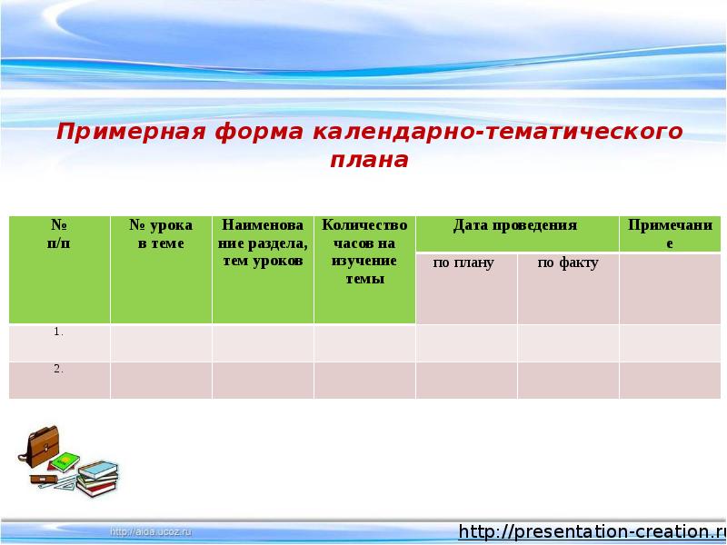 Последовательную структуру разделов календарно тематического плана