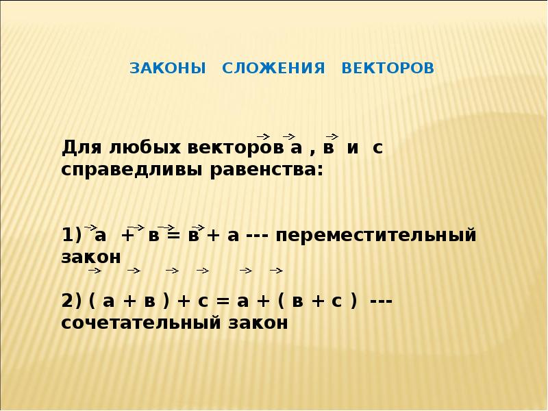 Законы сложения. Законы сложения векторов. Переместительный и сочетательный закон сложения векторов. Переместительный закон векторов. Закон векторного сложения.