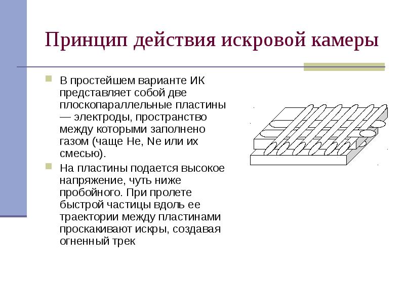 Принцип действия искровой камеры
В простейшем варианте ИК представляет собой две Принцип действия искровой камеры
В простейшем варианте ИК представляет собой две
