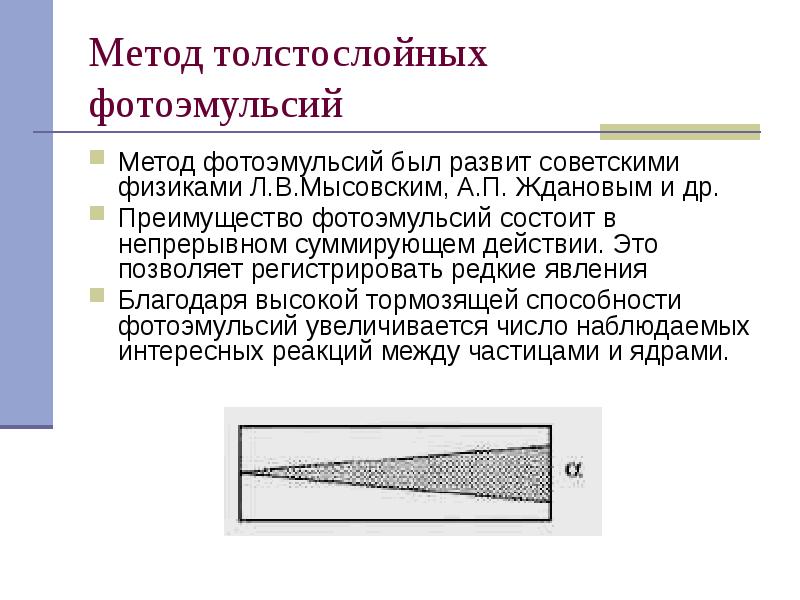 Метод толстослойных фотоэмульсий
Метод фотоэмульсий был развит советскими физиками Л.В.Мысовским, А.П. Метод толстослойных фотоэмульсий
Метод фотоэмульсий был развит советскими физиками Л.В.Мысовским, А.П.