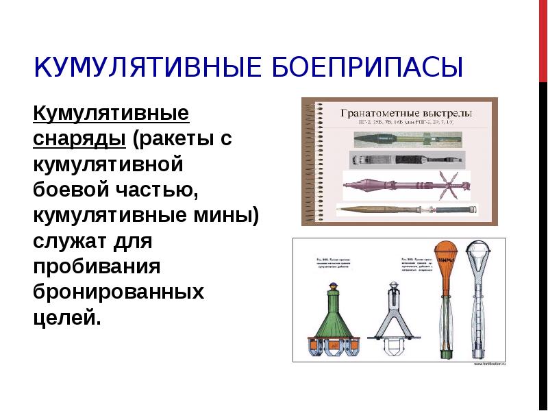 Кумулятивные боеприпасы
Кумулятивные снаряды (ракеты с кумулятивной боевой частью, кумулятивные мины) Кумулятивные боеприпасы
Кумулятивные снаряды (ракеты с кумулятивной боевой частью, кумулятивные мины)