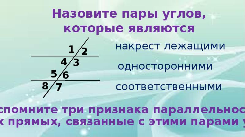 Пары углов. Назовите пары углов. Перечислите пары углов. Названия пар углов. Пары углов, которые являются односторонними..