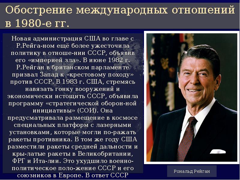 Политики международных отношений. Рональд Рейган СССР Империя зла. Р Рейган политика. Обострение международных отношений. Обострение международных отношений в 1980-е.