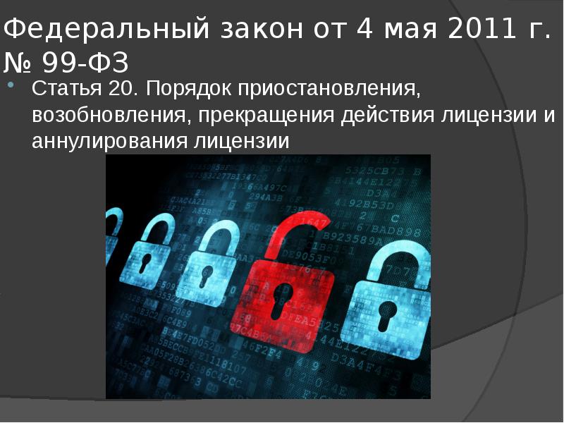 Федеральный закон от 4 мая 2011 г. № 99-ФЗ
Статья 20. Федеральный закон от 4 мая 2011 г. № 99-ФЗ
Статья 20.