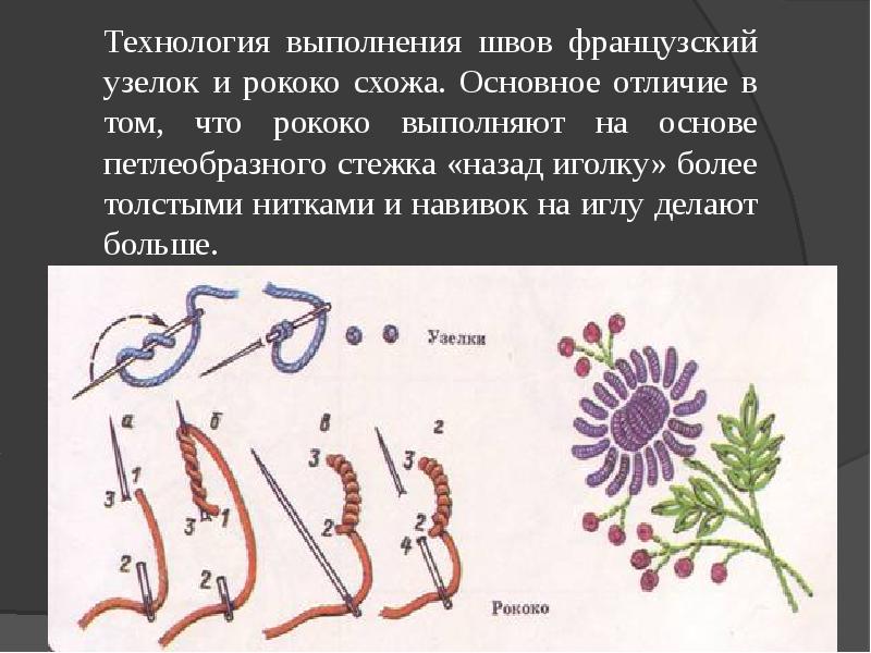 Узелок ответ. Швы французский узелок и рококо. Штриховая гладь шов французский узелок. Сообщение на тему шов рококо. Шов французский узелок пошагово.