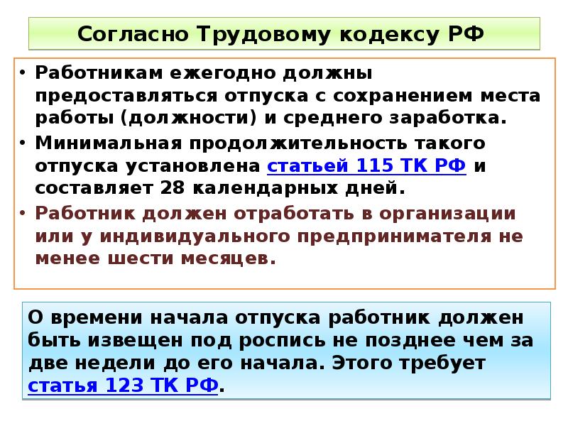Минимальная продолжительность основного отпуска. Ст 115 ТК РФ. Согласно трудовому кодексу РФ работник имеет право на.