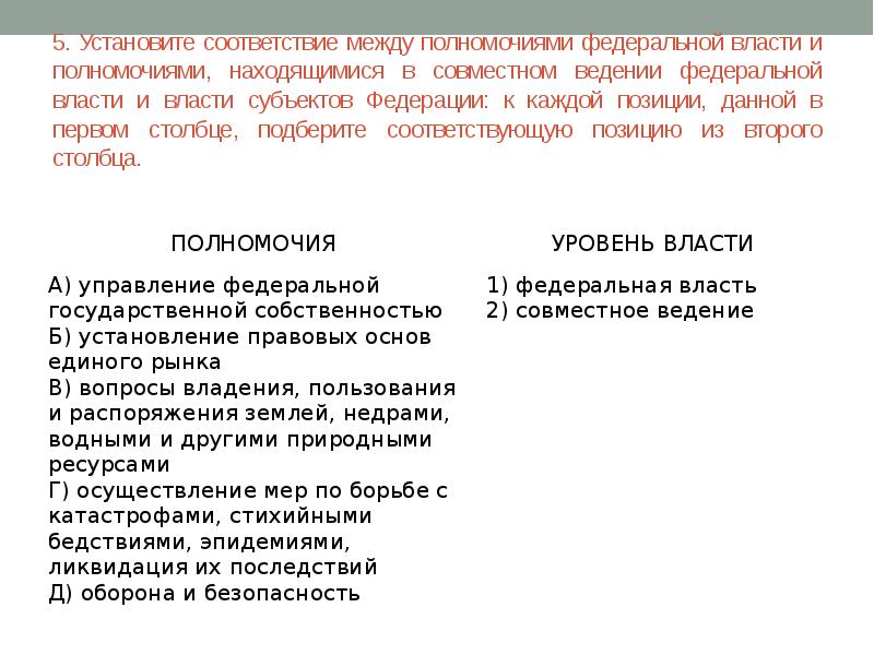 Установите соответствие между полномочиями