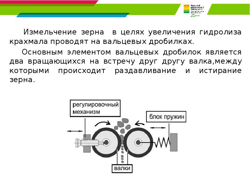 Измельчение зерна в целях увеличения гидролиза крахмала проводят на вальцевых дробилках.