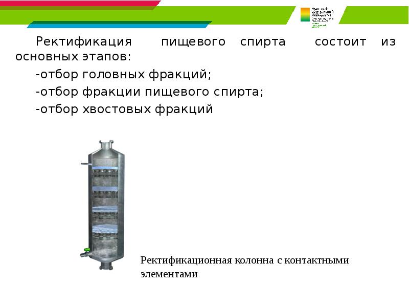Ректификация пищевого спирта состоит из основных этапов: 	Ректификация пищевого спирта состоит