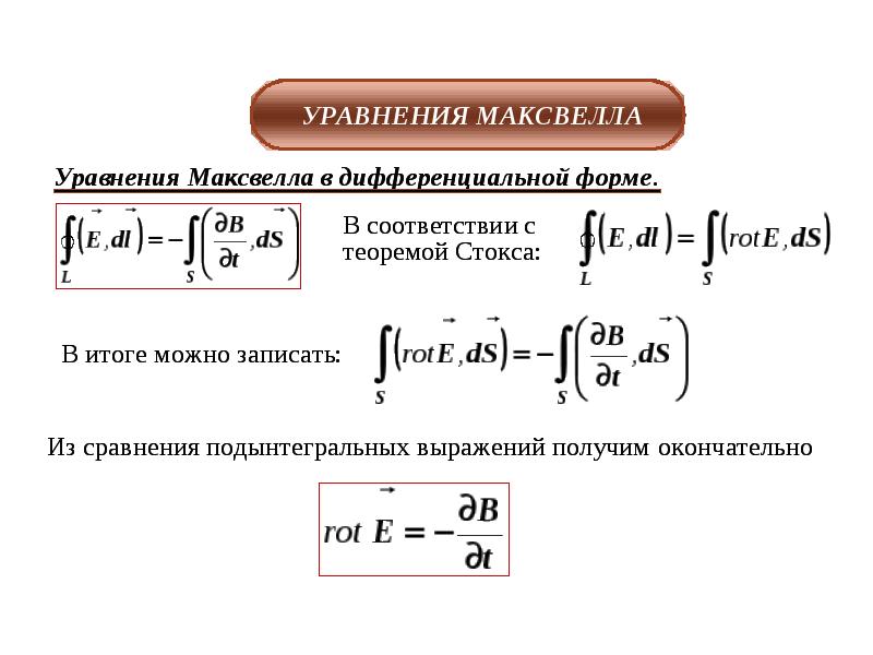 Смысл уравнения. Интеграл от формулы Максвелла. Первое уравнение Максвелла. Уравнения Максвелла в дифференциальной форме презентации.