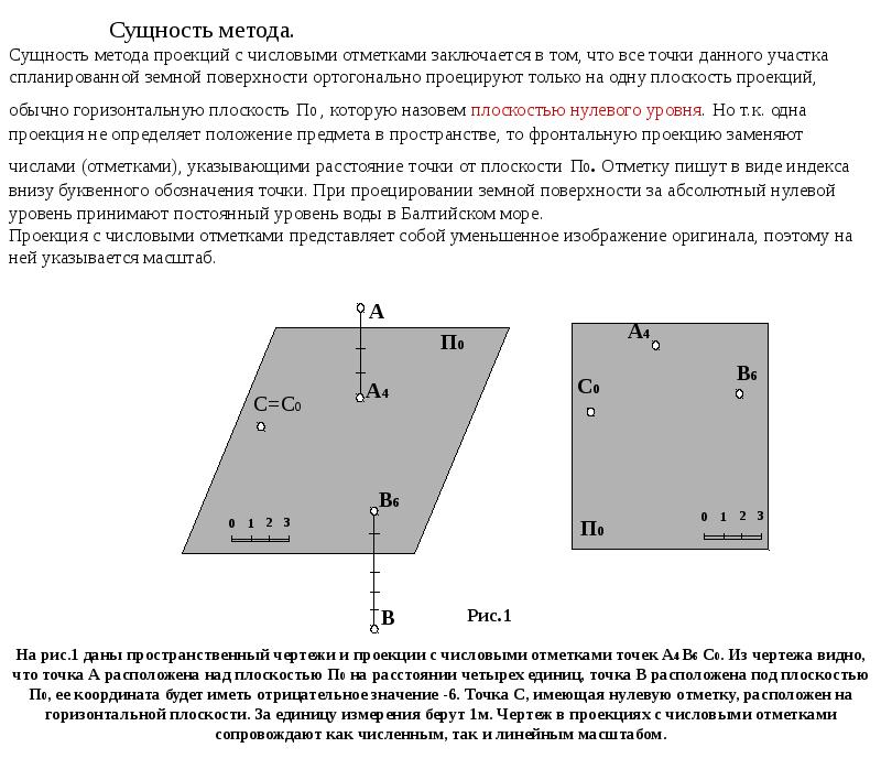 Чертеж в проекциях с числовыми отметками получается проецированием на плоскость и проекций